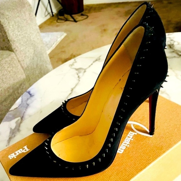 Christian Louboutin “Anjalina” spikes Veau Velour  black suede 85 mm pumps EU37 - Picture 3 of 7